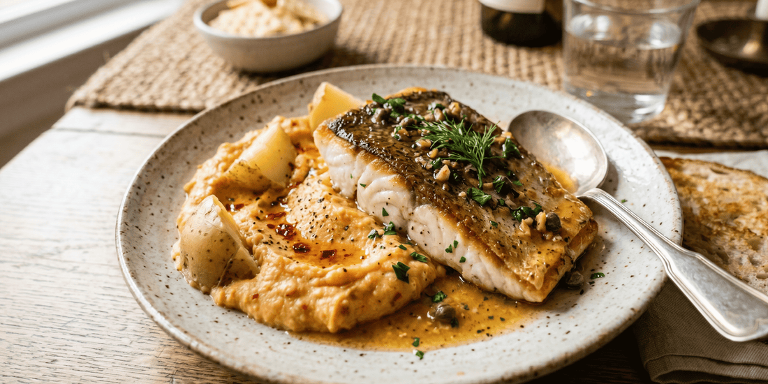 Cojinova a la mantequilla con puré picante