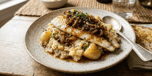 Reineta al horno con cebolla caramelizada