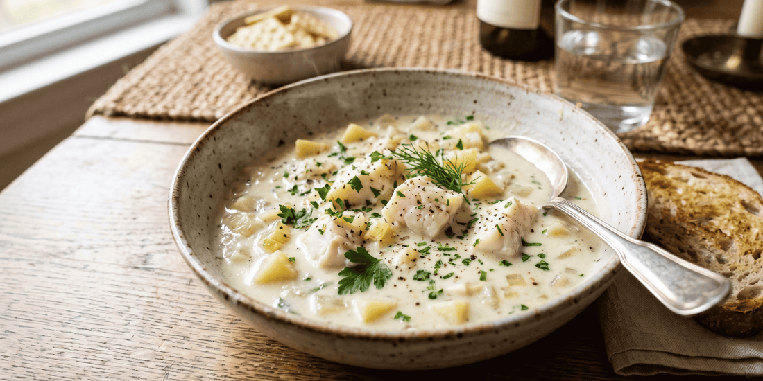 Sopa cremosa de merluza tipo chowder
