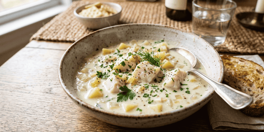 Sopa cremosa de merluza tipo chowder